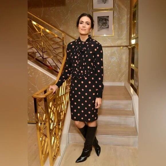 ASO Mandy Moore Tory Burch Printed Ruffle Bow Neck Polka Dot Silk Dress | SZ 4 - Picture 1 of 16